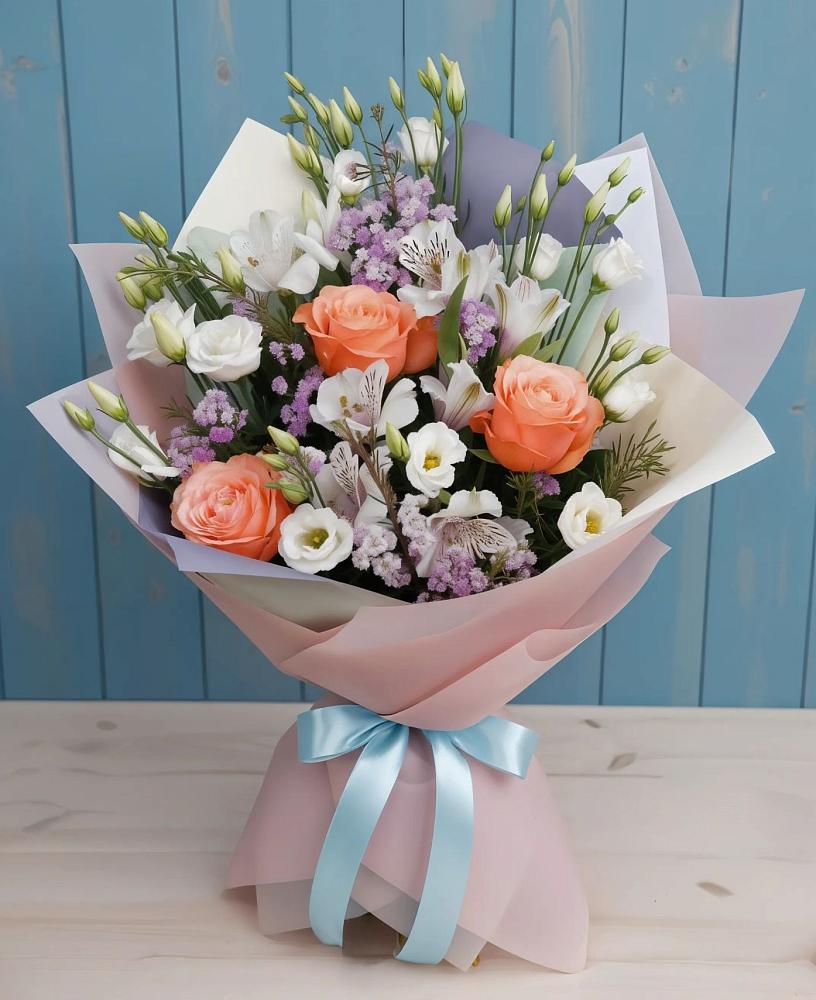 Букет цветов из: Лизиантусы, Розы, Альстромерии и Гипсофила в Новокумском