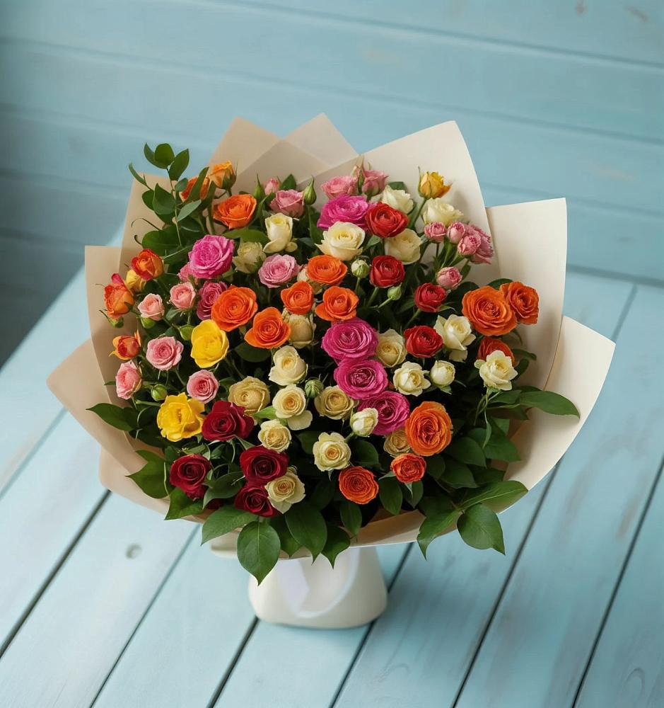 Букет Микс из разноцветных кустовых роз в Новокумском