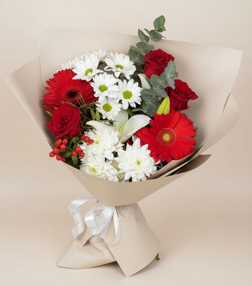 Букет цветов из: Розы, Хризантемы, Герберы и Лилии в Новокумском