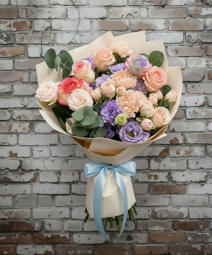 Букет цветов из: Розы, Лизиантусы и Гвоздики в Новокумском