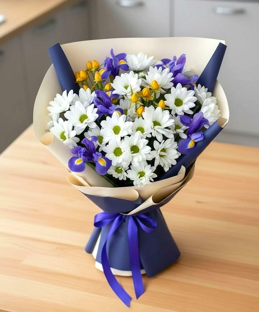 Букет цветов из: Розы, Ирисы и Хризантемы в Новокумском