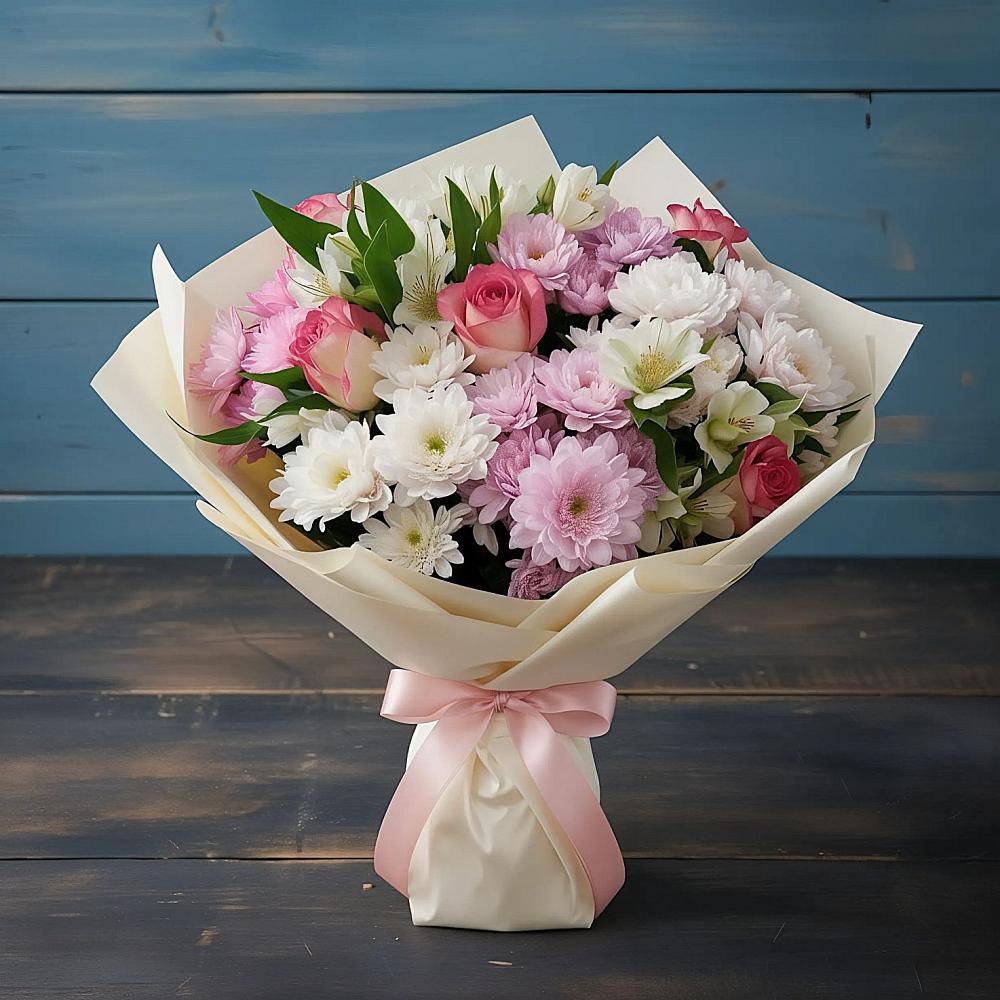 Букет цветов из: Хризантемы, Альстромерии и Розы в Новокумском